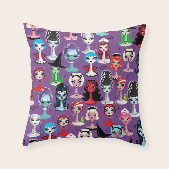 Spooky Dolls Purple Throw Pillow Gallery Image 6