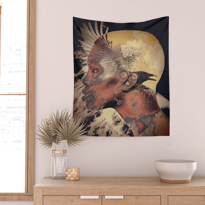PORTRAIT (Woman and bird) Wall Tapestry Gallery Image 2