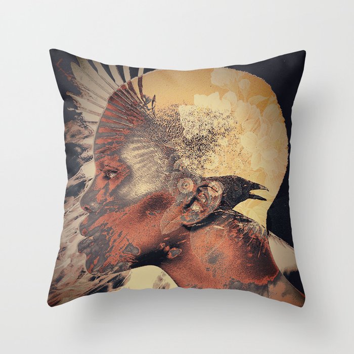 PORTRAIT (Woman and bird) Throw Pillow Gallery Image 1