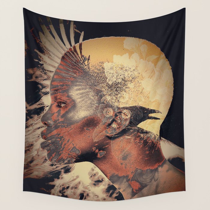 PORTRAIT (Woman and bird) Wall Tapestry Gallery Image 4