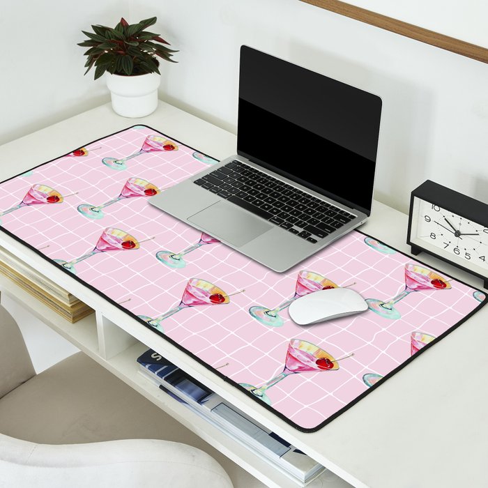 Pink Aesthetic Martini Glass with Cherry Desk Mat Gallery Image 2