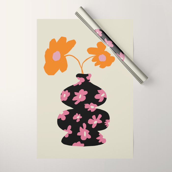 Black floral Vase Wrapping Paper Gallery Image 1