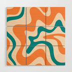 Retro Liquid Swirl Abstract Pattern Square in Orange and Teal Blue Wood Wall Art Gallery Image 1