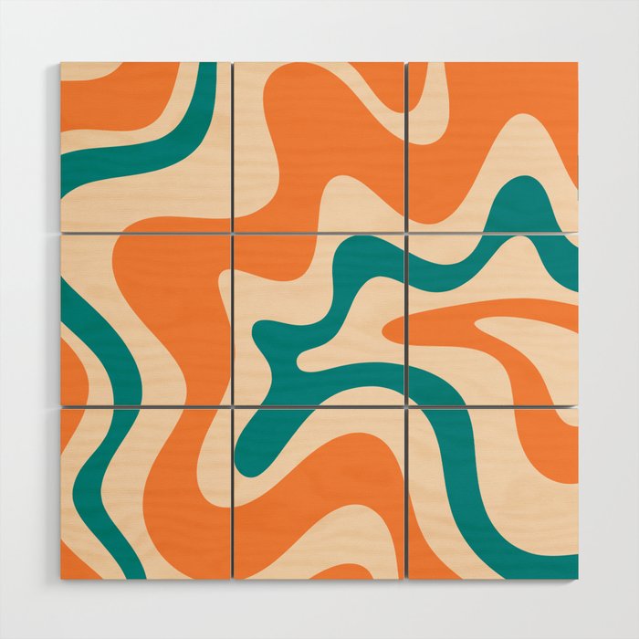 Retro Liquid Swirl Abstract Pattern Square in Orange and Teal Blue Wood Wall Art Gallery Image 1
