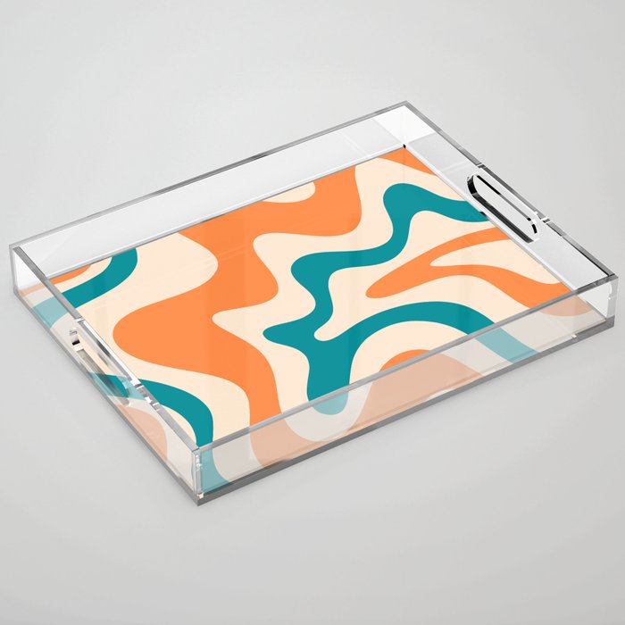 Retro Liquid Swirl Abstract Pattern Square in Orange and Teal Blue Acrylic Tray Gallery Image 1