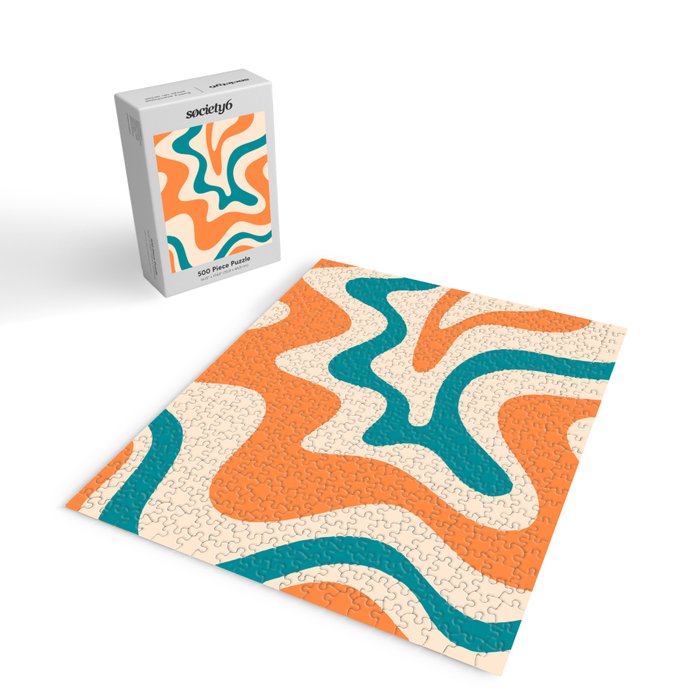 Retro Liquid Swirl Abstract Pattern Square in Orange and Teal Blue Jigsaw Puzzle Gallery Image 2