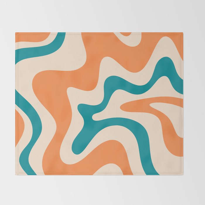 Retro Liquid Swirl Abstract Pattern Square in Orange and Teal Blue Throw Blanket Gallery Image 2