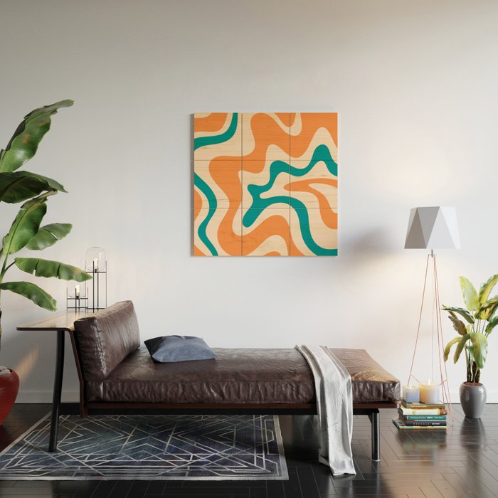 Retro Liquid Swirl Abstract Pattern Square in Orange and Teal Blue Wood Wall Art Gallery Image 2