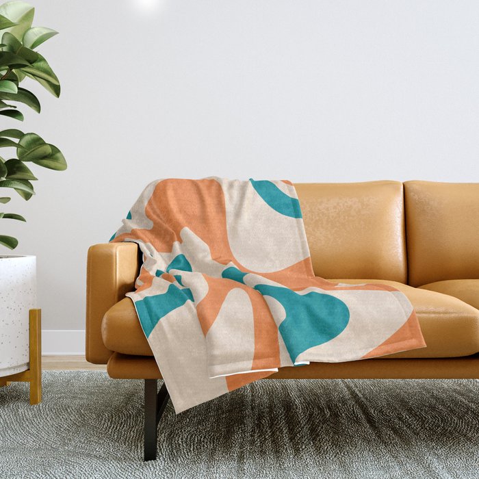 Retro Liquid Swirl Abstract Pattern Square in Orange and Teal Blue Throw Blanket Gallery Image 1