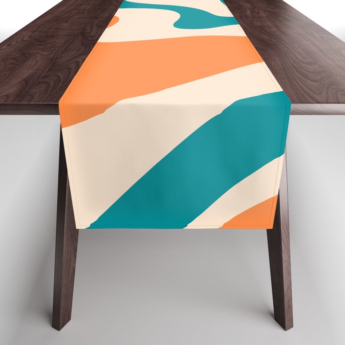 Retro Liquid Swirl Abstract Pattern Square in Orange and Teal Blue Table Runner Gallery Image 1
