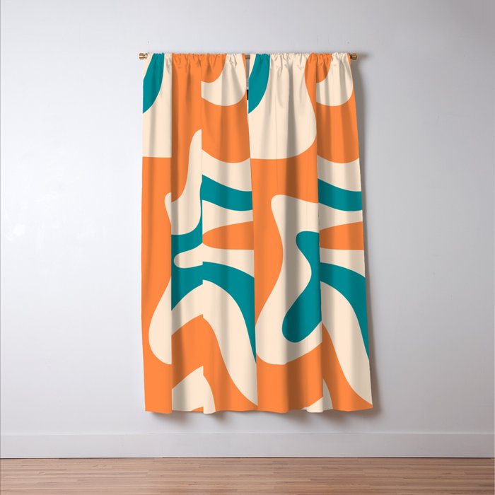 Retro Liquid Swirl Abstract Pattern Square in Orange and Teal Blue Window Curtain Gallery Image 3