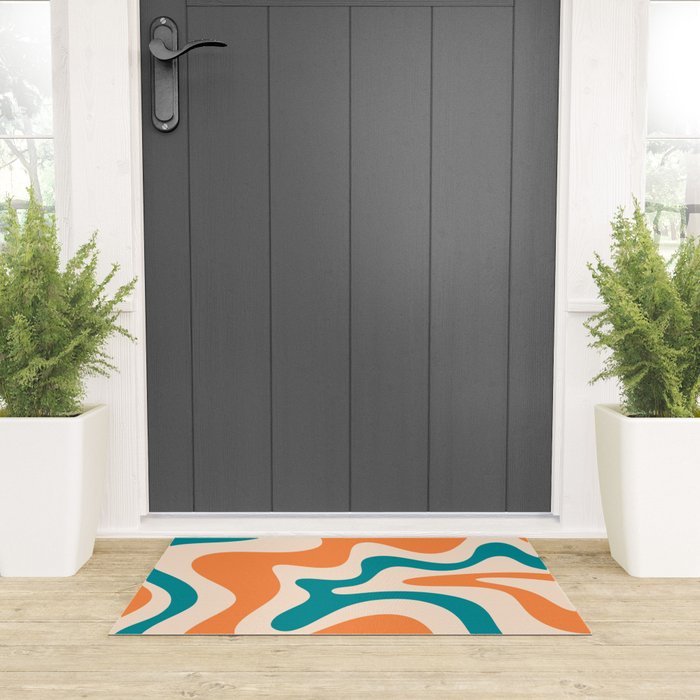 Retro Liquid Swirl Abstract Pattern Square in Orange and Teal Blue Welcome Mat Gallery Image 3