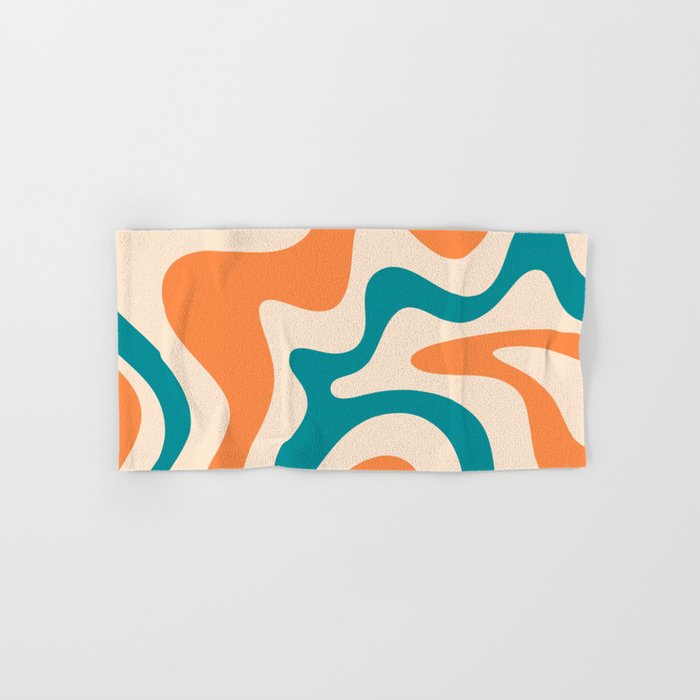 Retro Liquid Swirl Abstract Pattern Square in Orange and Teal Blue Bath Towel Gallery Image 1