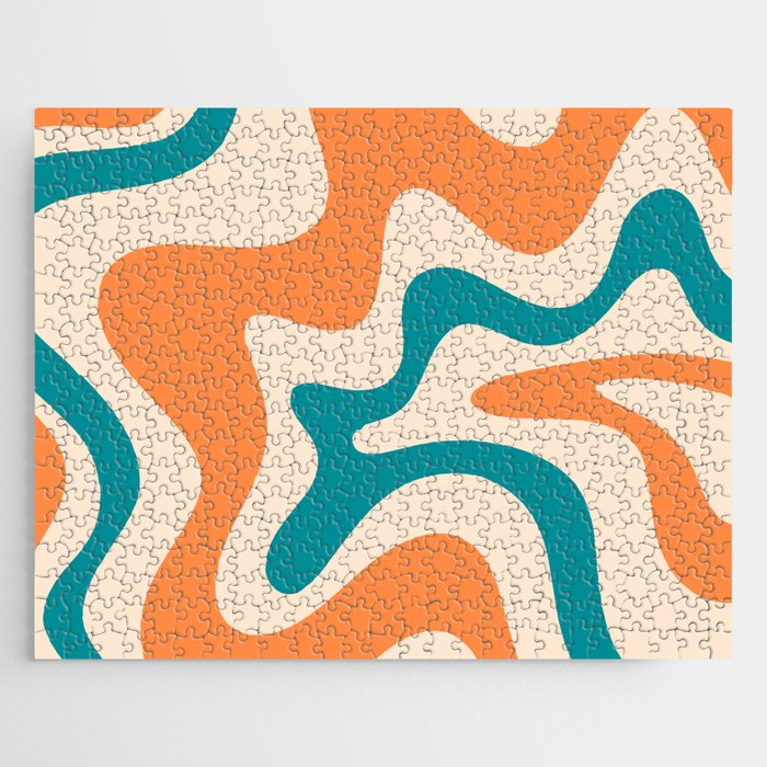 Retro Liquid Swirl Abstract Pattern Square in Orange and Teal Blue Jigsaw Puzzle Gallery Image 1