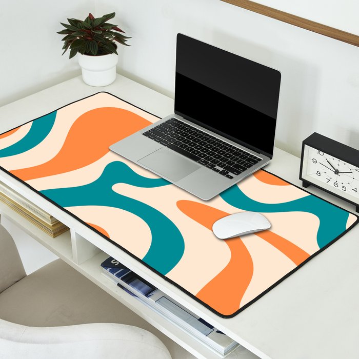 Retro Liquid Swirl Abstract Pattern Square in Orange and Teal Blue Desk Mat Gallery Image 2