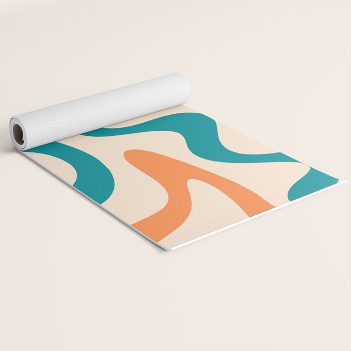 Retro Liquid Swirl Abstract Pattern Square in Orange and Teal Blue Yoga Mat Gallery Image 2