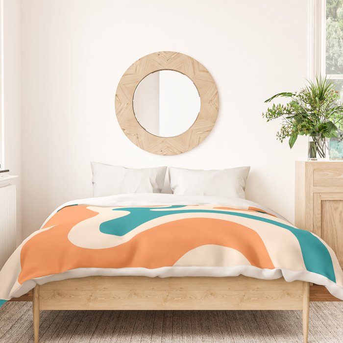 Retro Liquid Swirl Abstract Pattern Square in Orange and Teal Blue Duvet Cover Gallery Image 3