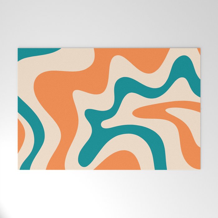 Retro Liquid Swirl Abstract Pattern Square in Orange and Teal Blue Welcome Mat Gallery Image 1