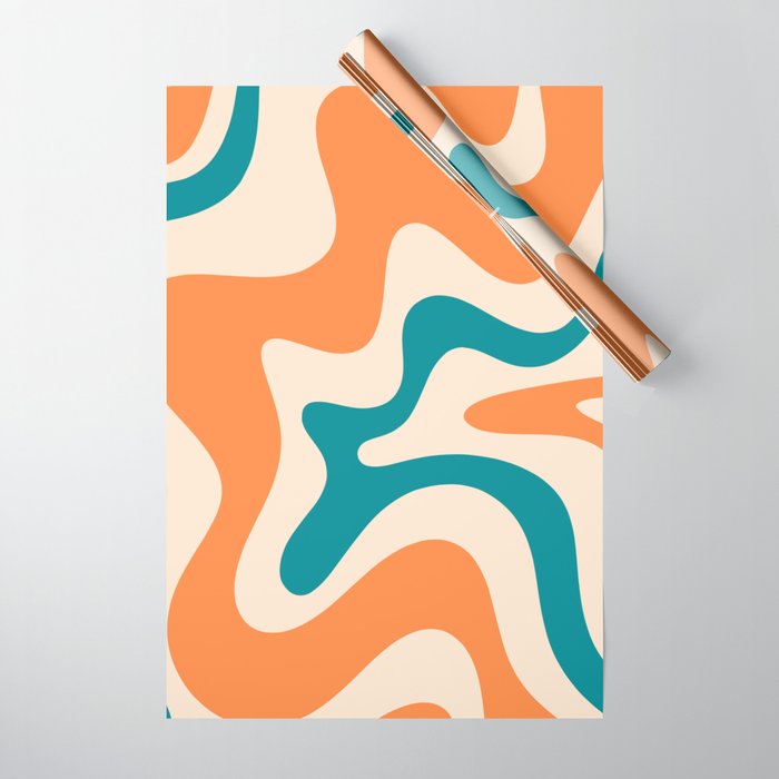 Retro Liquid Swirl Abstract Pattern Square in Orange and Teal Blue Wrapping Paper Gallery Image 1