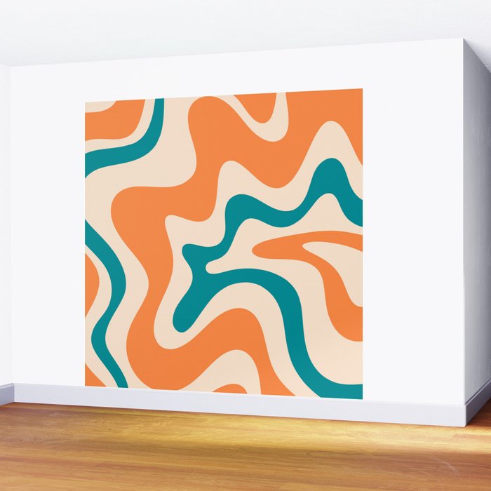 Retro Liquid Swirl Abstract Pattern Square in Orange and Teal Blue Wall Mural Gallery Image 2