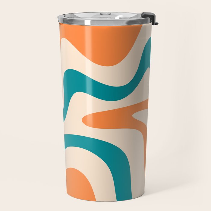Retro Liquid Swirl Abstract Pattern Square in Orange and Teal Blue Travel Mug Gallery Image 2