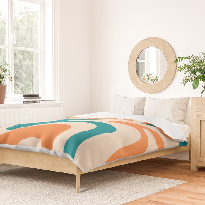 Retro Liquid Swirl Abstract Pattern Square in Orange and Teal Blue Duvet Cover Gallery Image 2