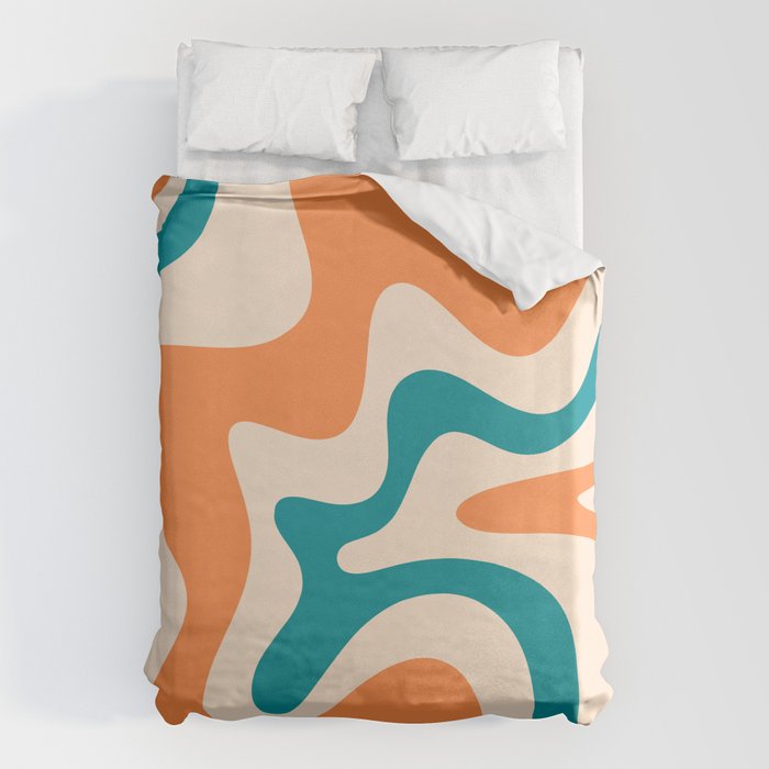 Retro Liquid Swirl Abstract Pattern Square in Orange and Teal Blue Duvet Cover Gallery Image 6