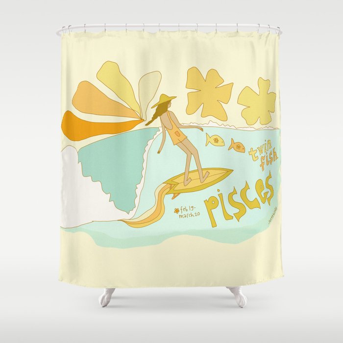 Pisces surf zodiac // retro art by surfy birdy Shower Curtain Gallery Image 1