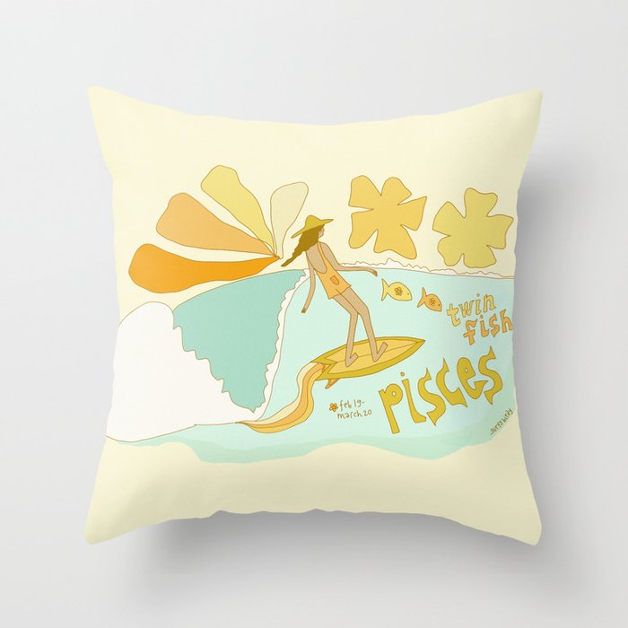 Pisces surf zodiac // retro art by surfy birdy Throw Pillow Gallery Image 6