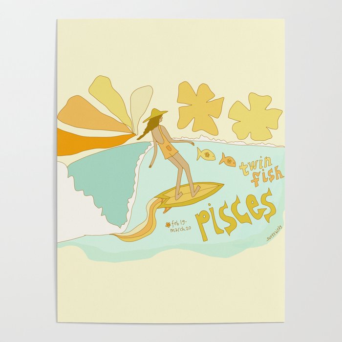 Pisces surf zodiac // retro art by surfy birdy Poster Gallery Image 4