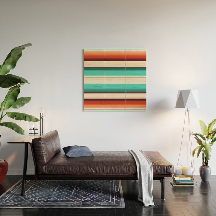 Navajo White, Turquoise and Burnt Orange Southwest Serape Blanket Stripes Wood Wall Art Gallery Image 2