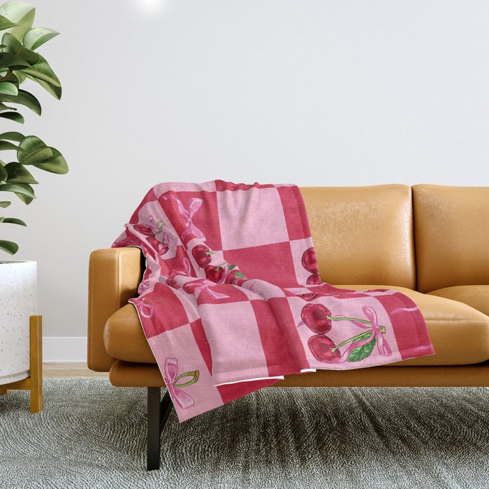 Scarlet Cherries and Bows Checker Throw Blanket Gallery Image 1