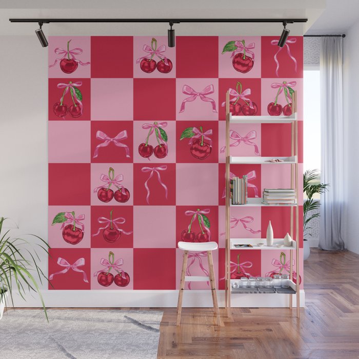 Scarlet Cherries and Bows Checker Wall Mural Gallery Image 1