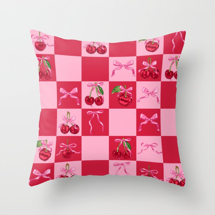 Scarlet Cherries and Bows Checker Throw Pillow Gallery Image 1