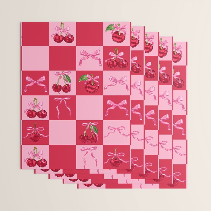 Scarlet Cherries and Bows Checker Wrapping Paper Gallery Image 3