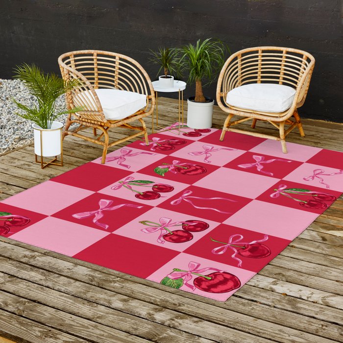 Scarlet Cherries and Bows Checker Outdoor Rug Gallery Image 2
