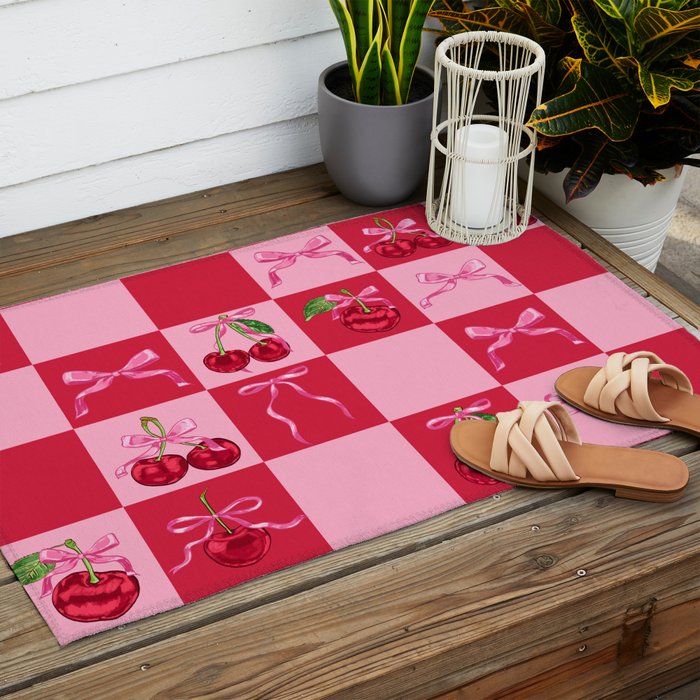 Scarlet Cherries and Bows Checker Outdoor Rug Gallery Image 2