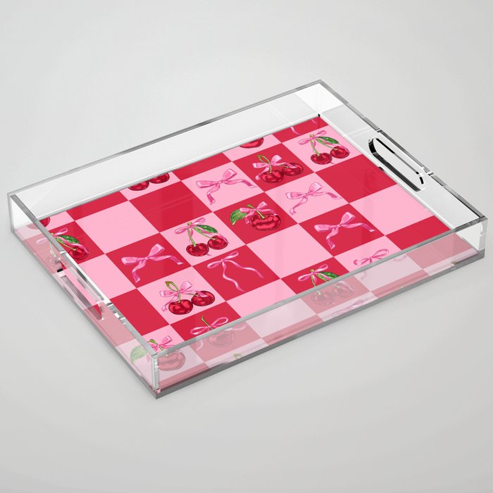 Scarlet Cherries and Bows Checker Acrylic Tray Gallery Image 1