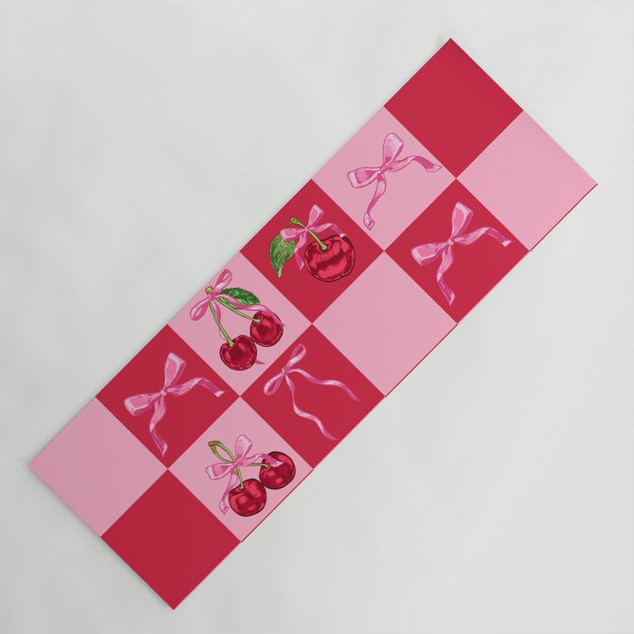 Scarlet Cherries and Bows Checker Yoga Mat