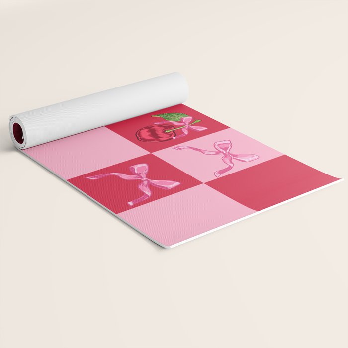 Scarlet Cherries and Bows Checker Yoga Mat Gallery Image 2