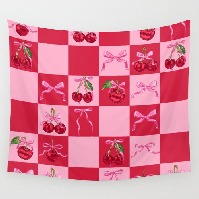 Scarlet Cherries and Bows Checker Wall Tapestry Gallery Image 4