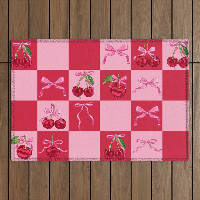 Scarlet Cherries and Bows Checker Outdoor Rug Gallery Image 1