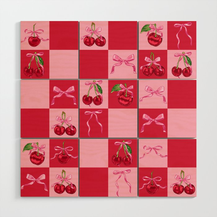 Scarlet Cherries and Bows Checker Wood Wall Art Gallery Image 1