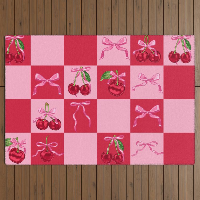 Scarlet Cherries and Bows Checker Outdoor Rug Gallery Image 3