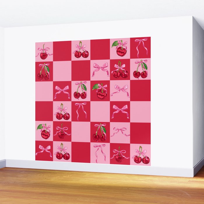 Scarlet Cherries and Bows Checker Wall Mural Gallery Image 2