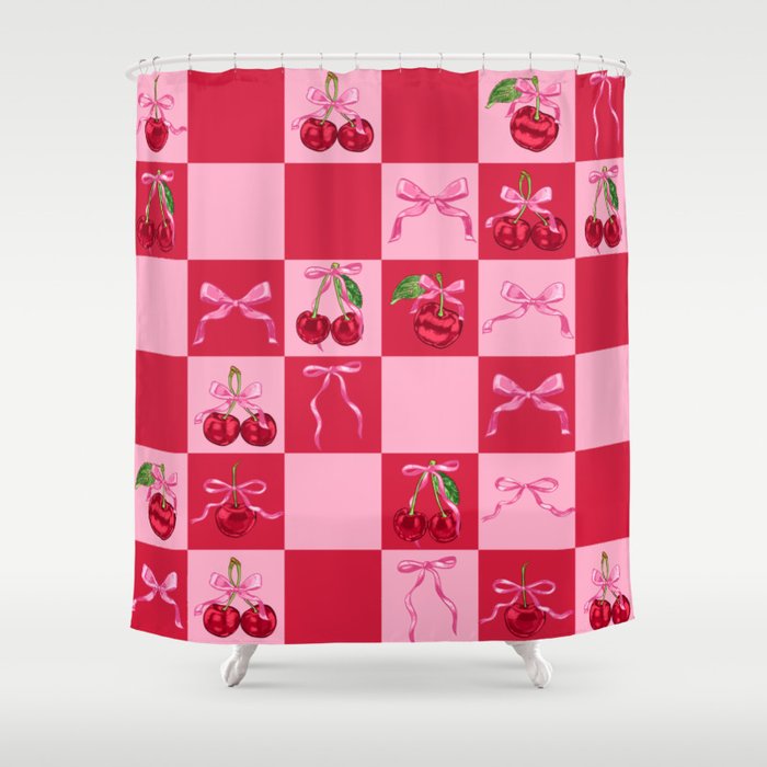 Scarlet Cherries and Bows Checker Shower Curtain Gallery Image 1