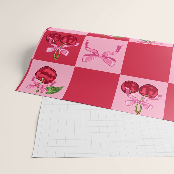 Scarlet Cherries and Bows Checker Wrapping Paper Gallery Image 2