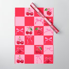 Scarlet Cherries and Bows Checker Wrapping Paper Gallery Image 1