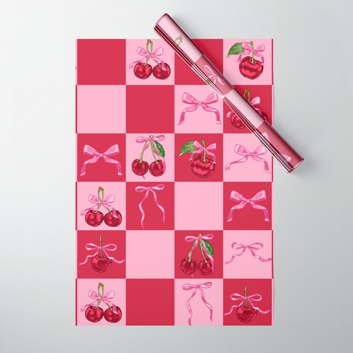 Scarlet Cherries and Bows Checker Wrapping Paper Gallery Image 1