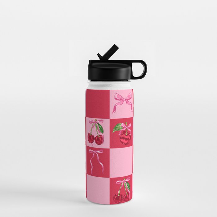Scarlet Cherries and Bows Checker Water Bottle